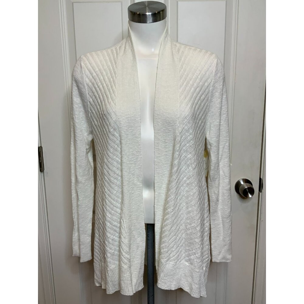Eileen Fisher White Thin Rib Knit Cotton Open Front Cardigan Sweater, Size S